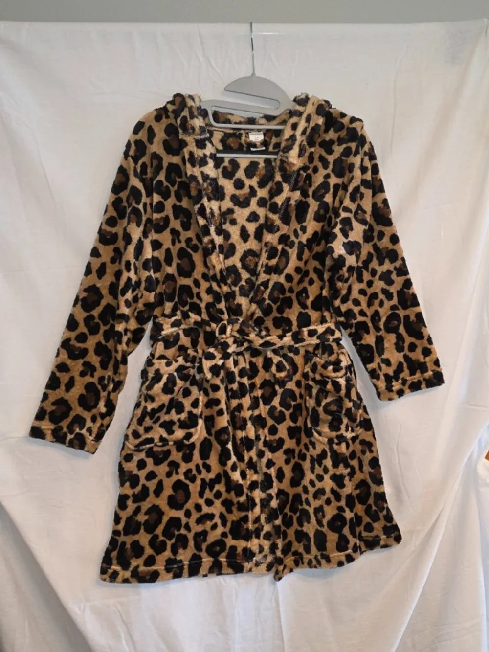 Plush Leopard Print Belted Plush Hooded Robe Cat Ears Girls Sz 14 Fluffy Warm